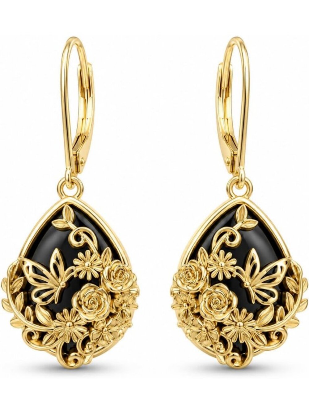 Elegant 14K Gold Plated Black Onyx Teardrop Earrings - Chic Filigree Design